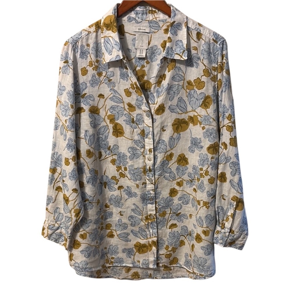 Joie Blue Women’s Long Sleeve Gold Floral Linen Top Shirt Blouse size 1X